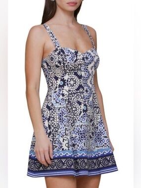 Avec Les Filles Blue and White Floral Sweetheart Neckline Mini Sun Dress Sz 14